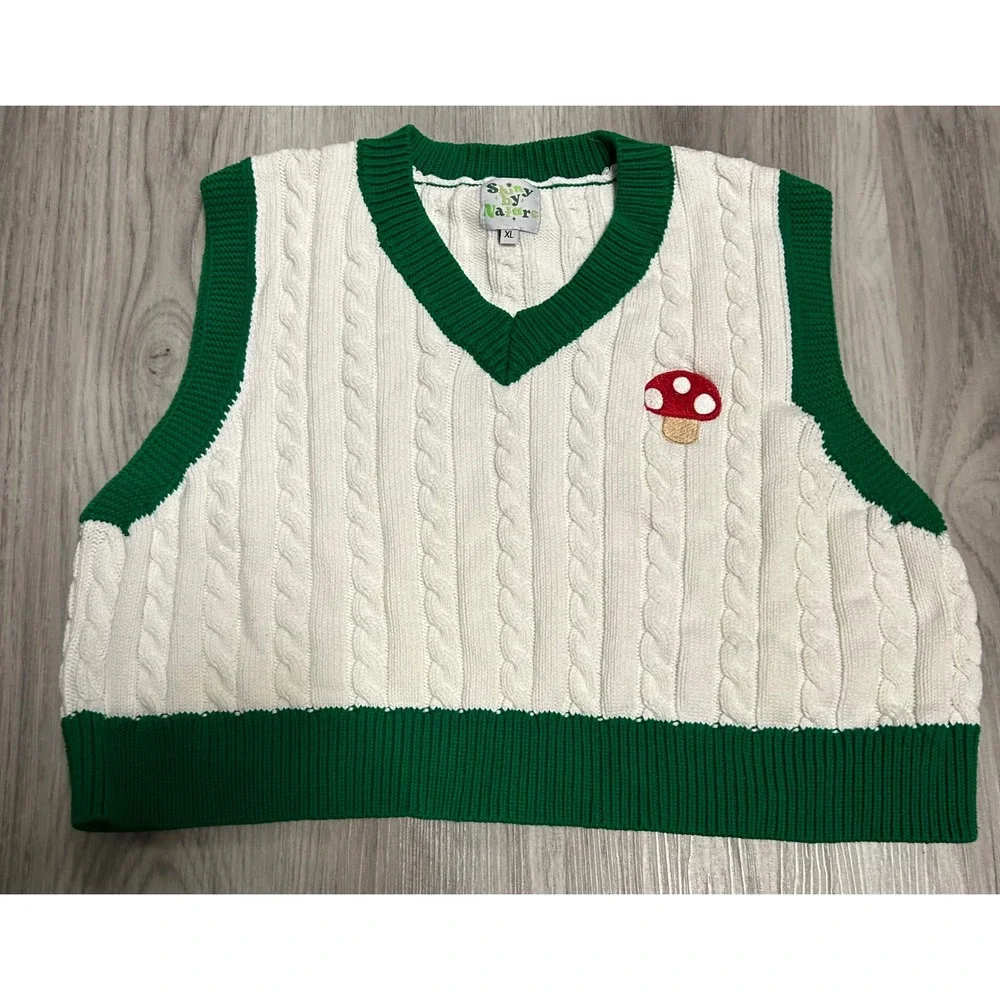 Shiny by Nature Mushroom Cable Knit Sweater Vest Cream Green XL‎ Cotton